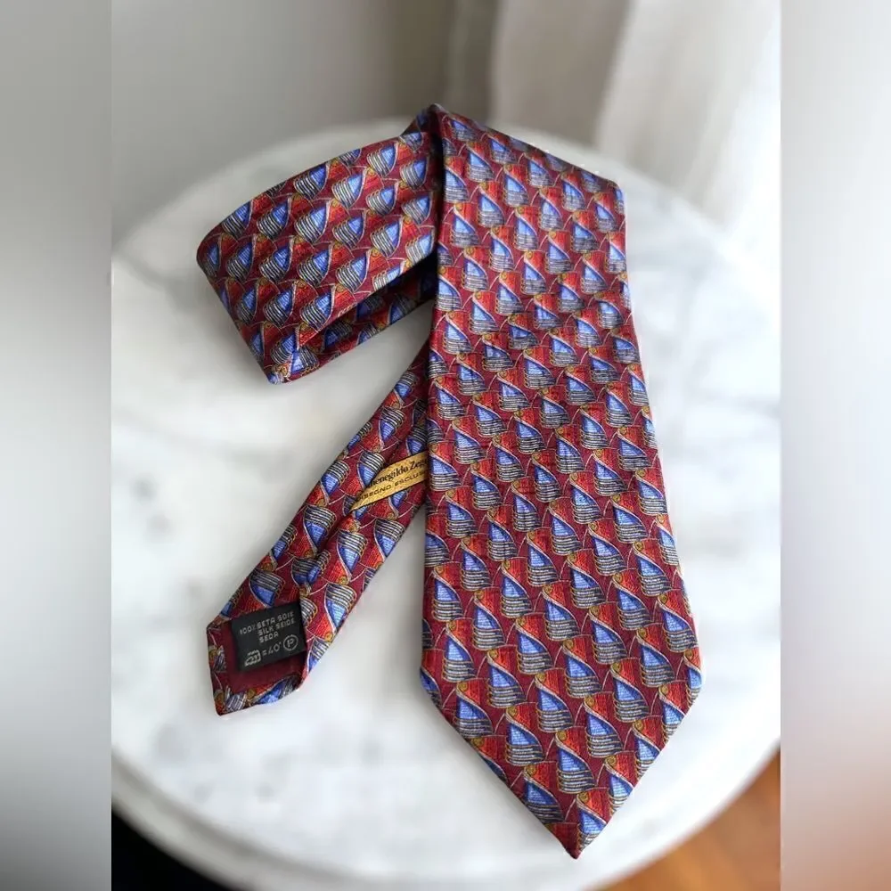 Ermenegildo Zegna Red Blue Gold geometric silk tie Italy